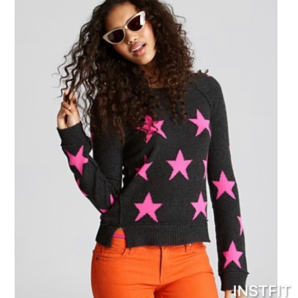 Aqua Sweaters - Aqua Cashmere grey sweater with pink stars.